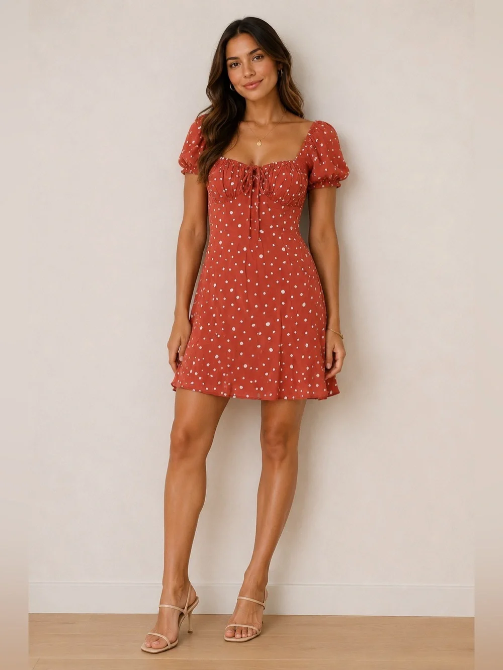 Cotton Candy LA Rust Orange & White Polka Dot Sweetheart Puff Sleeve Dress